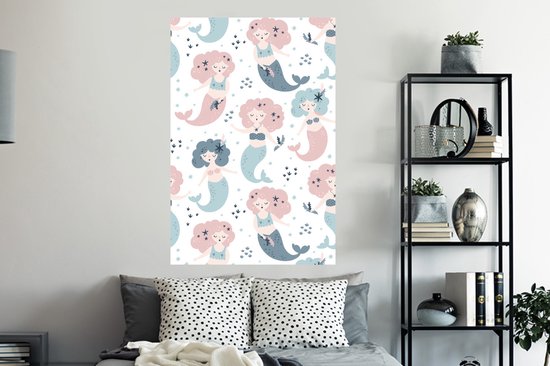 Sticker Muursticker Motif de la chambre des enfants - Motif des enfants avec des sirènes aux couleurs pastel - 80x120 cm - feuille autocollante - sticker mural repositionnable