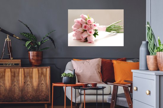 Sticker Muursticker Rose rose - bouquet de rose rose sur tableau blanc - 90x60 cm - film adhésif autocollant - sticker mural repositionnable