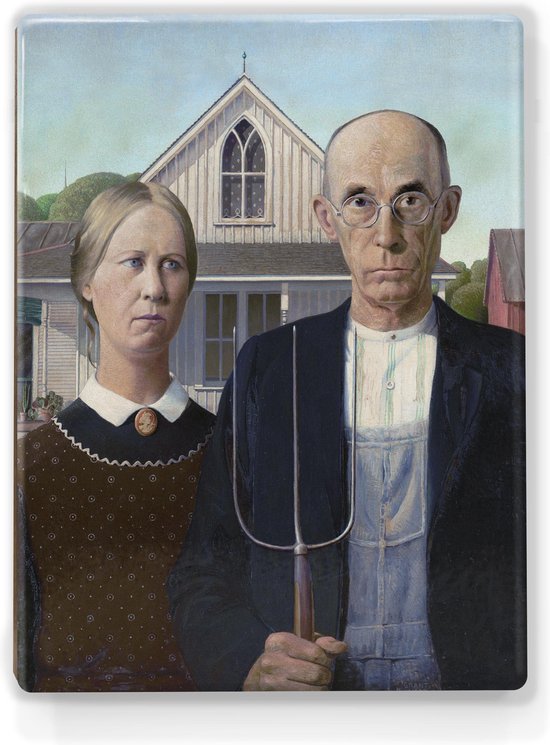 Schilderij American Gothic Brand Wood 19,5 x 26 cm Niet van