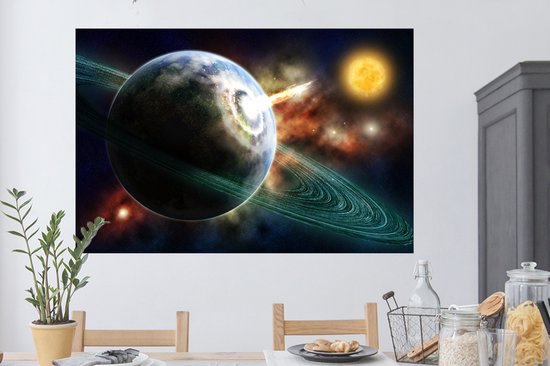 Sticker Muursticker Système solaire - Crash de météorite - 120x80 cm - film adhésif autocollant - sticker mural repositionnable