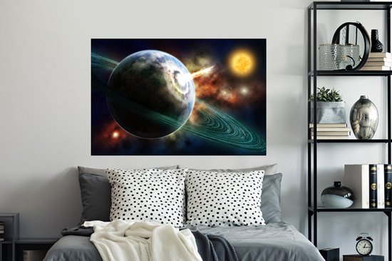 Sticker Muursticker Système solaire - Crash de météorite - 120x80 cm - film adhésif autocollant - sticker mural repositionnable