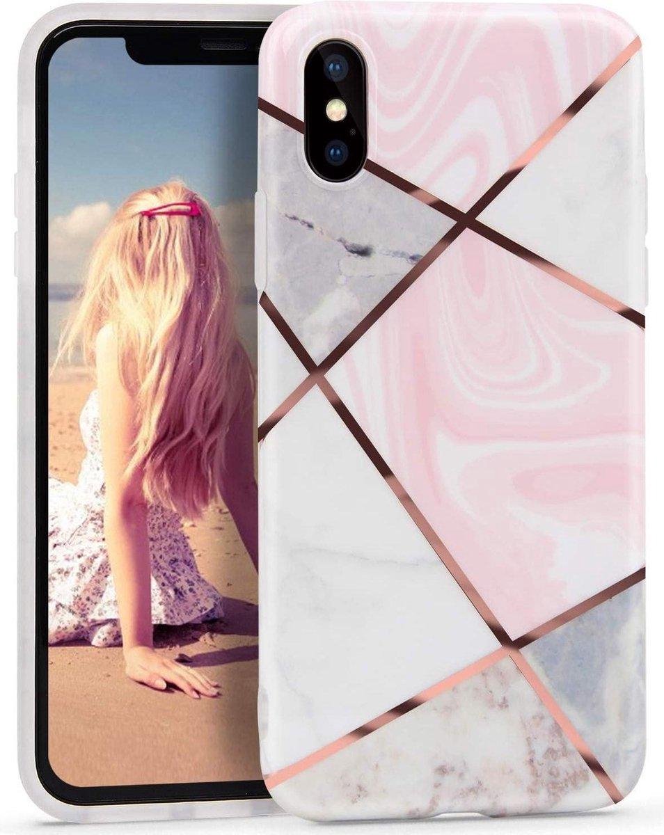 Geschikt voor Apple iPhone XR hoesje - Roze / Wit - Marmer - Soft TPU