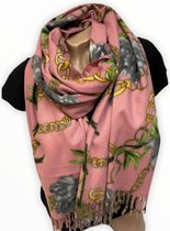 Lange Warme Dames Sjaal - Bloemen - Kettingprint - Roze - 180 X 70 cm