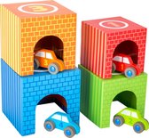 Houten speelgoed auto met houten auto parkeerplaats - Multi kleuren - 4 auto's + 4 garages! - Speelgoed vanaf 1,5 jaar