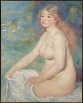 Kunst: Blonde badende vrouw van Pierre Auguste Renoir. Schilderij op canvas, formaat is 100X150 CM