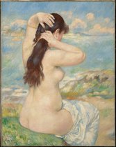 Kunst: Baadster die haar haren schikt van Pierre Auguste Renoir. Schilderij op canvas, formaat is 45x100 CM
