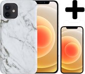 Hoesje Geschikt voor iPhone 12 Hoesje Marmer Case Hard Cover Met Screenprotector - Hoes Geschikt voor iPhone 12 Case Marmer Hoesje Backcover - Wit