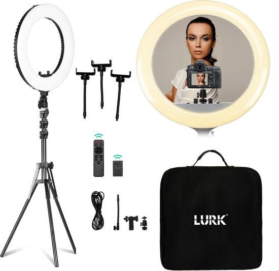 LURK® Ringlamp set PRO 18 inch - Verstelbaar statief & afstandsbieding – LED Selfie Ring Of Light - Geschikt voor smartphone en (actie)camera