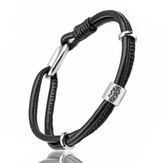 Waterman / Aquarius - Leren Armband met Sterrenbeeld Hanger - Zwart Leer - Staal - Astrologie - Armbanden - Cadeau voor Man - Mannen Cadeautjes