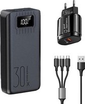 Powerbank - Quick Charge 3.0 - 30000 mah - Oplader iPhone - Oplader Samsung - 5 Poorten (Dual 2.4A USB/Micro-USB / USB-C / Apple Lightning) - Inclusief Adapter-en Kabels (3-in-1) - Geschikt v