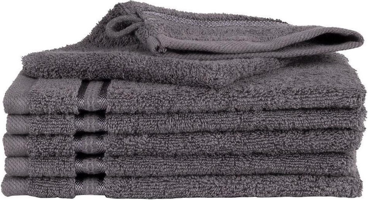 Homéé washandjes Ruche antraciet 16x24cm gekamde katoen 550g. m² 6 stuks