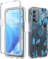 Voor OnePlus Nord N200 5G 2 in 1 hoog transparant geschilderd schokbestendig pc + TPU-beschermhoes (blauwe vlinder)