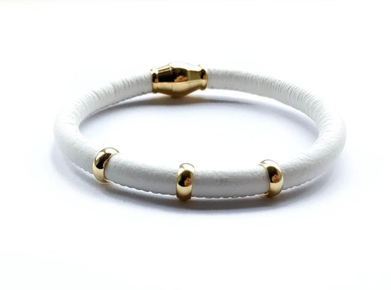 Jolla - dames  armband zilver - goudkleurig - leer - magneetsluiting - bedels - Single Gold - Wit