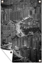 Muurdecoratie Hong Kong in de avond - zwart wit - 120x180 cm - Tuinposter - Tuindoek - Buitenposter