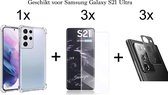 Samsung S21 Ultra Hoesje - Samsung Galaxy S21 Ultra hoesje shock proof case transparant - 3x Samsung S21 Ultra Screen Protector UV + 3x Camera Lens Screenprotector
