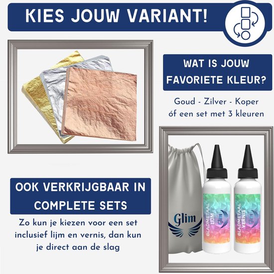 Kies uw favoriete kleur: goud, zilver, koper of een set met 3 kleuren. Ook verkrijgbaar in complete sets met lijm en vernis.