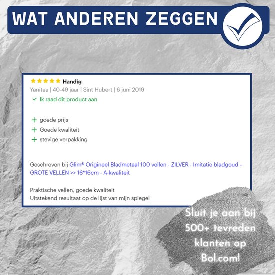 Yaniita beoordeelt zilveren bladmetaal van Glim met 5 sterren. De vellen zijn 16x16cm, A-kwaliteit. Goede prijs, kwaliteit en stevige verpakking.