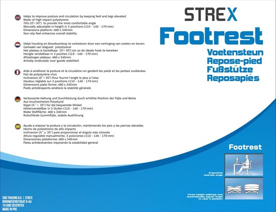 Strex Voetensteun Ergonomisch - Verstelbaar - Anti-Slip - Voeten Steun Bureau - DIN 4556 - Strex