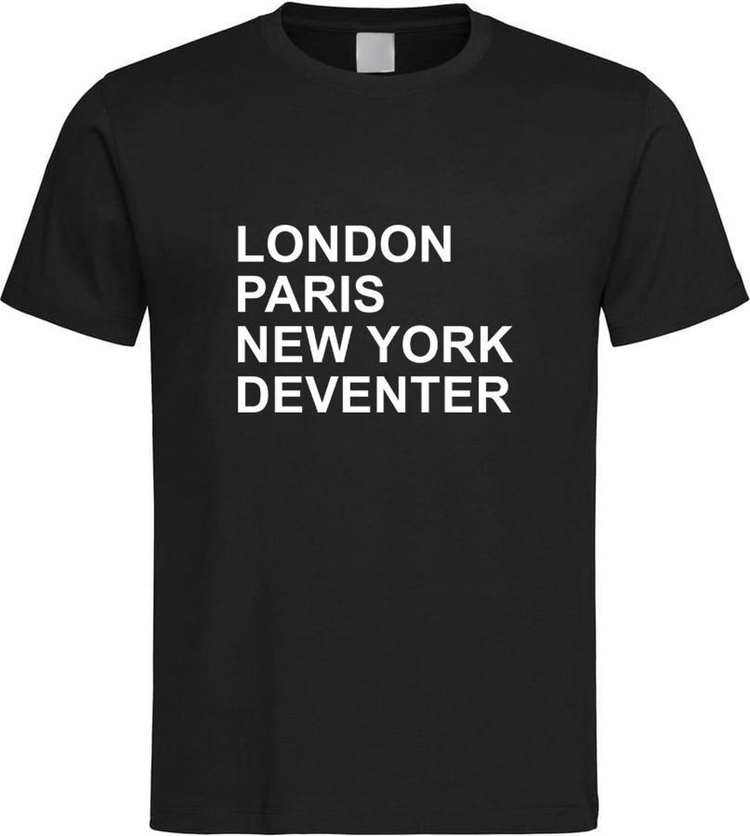 Zwart T-Shirt met “ London, Paris, New York en Deventer “ print Wit Size XXXXL