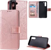 Voor Samsung Galaxy S21 FE Totem Bloem Reliëf Horizontale Flip TPU + PU Lederen Case met Houder & Kaartsleuven & Portemonnee (Rose Goud)