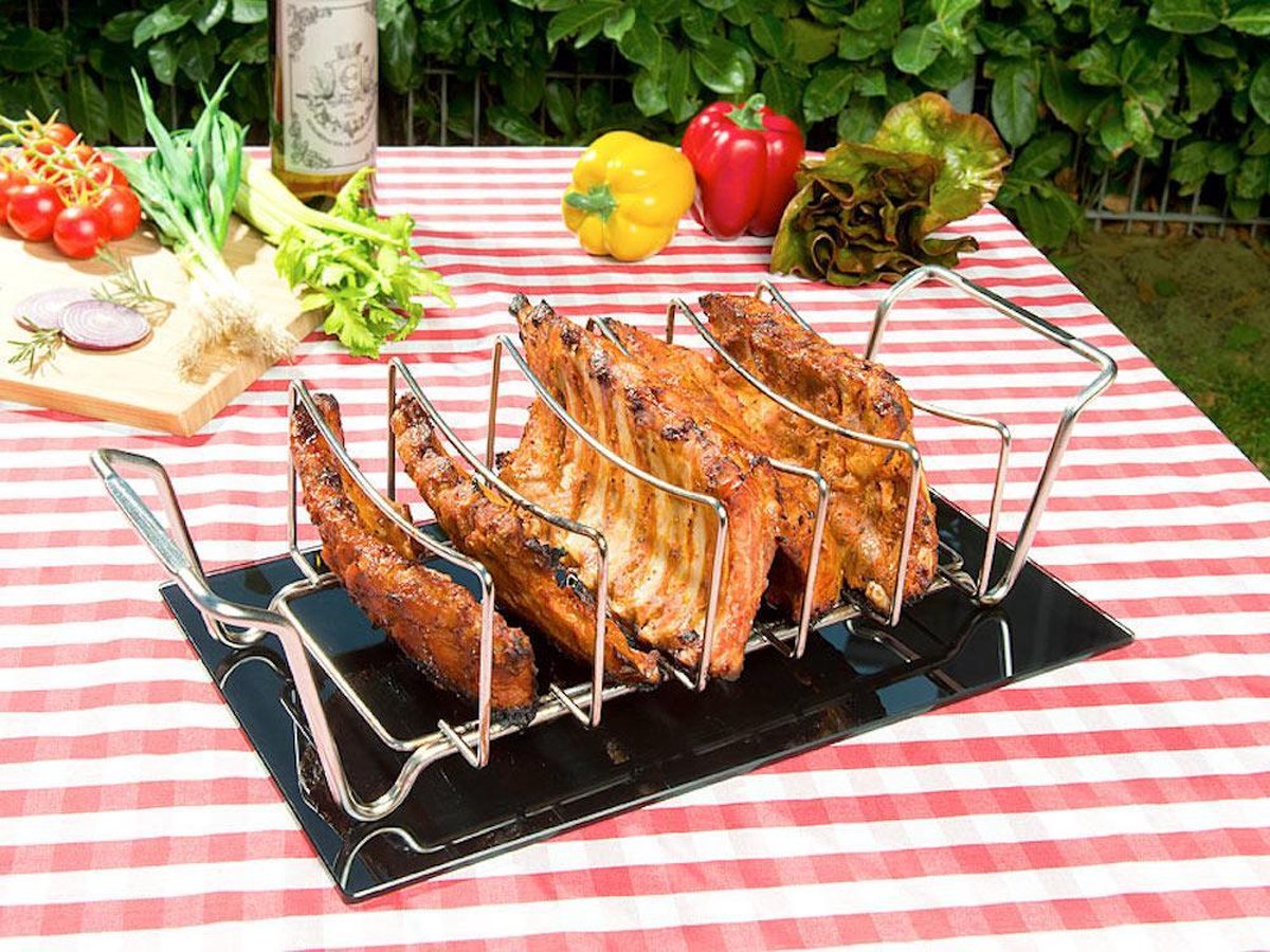 Rosenstein & Söhne spareribhouder: 2-in-1 spareribhouder en braadmand voor grill en oven, roestvrij staal
