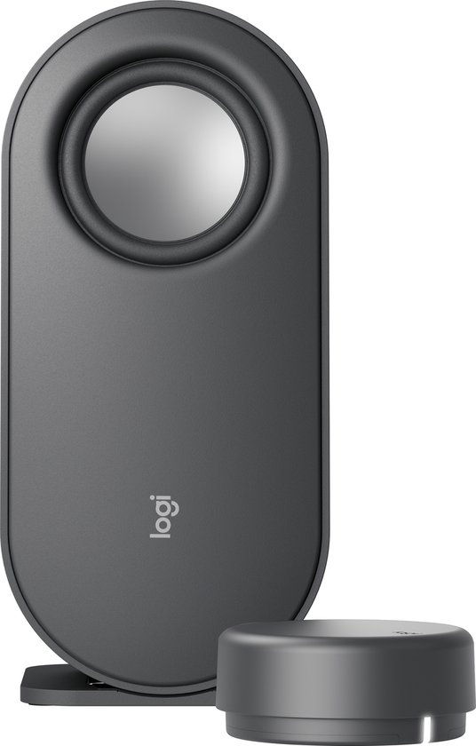 Grijze Logitech speakers met ronde zilverkleurige speakerunit en aparte volumeknop.