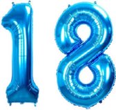18 Jaar Folie Ballonnen Blauw - Happy Birthday - Foil Balloon - Versiering - Verjaardag - Mannen / Vrouwen - Feest - Inclusief Opblaas Stokje & Clip - XXL - 115 cm