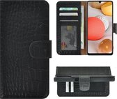 Hoesje Geschikt voor Samsung Galaxy A42 - Bookcase - A42 Wallet Book Case Echt Leer Croco Zwart Cover