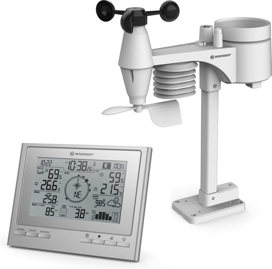 Bresser ClimateScout Weerstation – 7-in1 Zilver – Draadloos – Voor Binnen & Buiten – Met 360° Windmeter