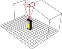 Illustratie van een gele en zwarte afstandsmeter die een laserstraal uitzendt in een conische vorm.