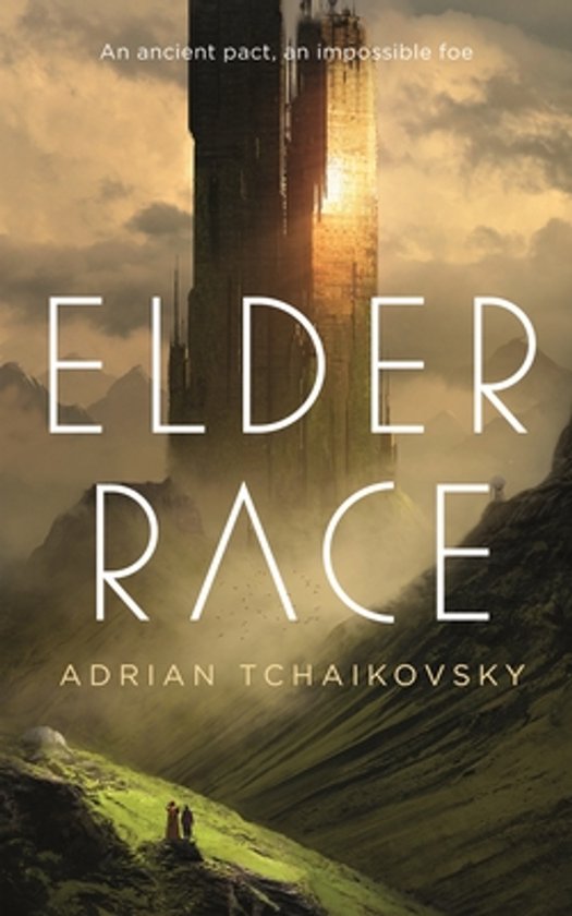 Couverture du livre Elder Race avec une tour dans la brume et deux personnages sur une colline.
