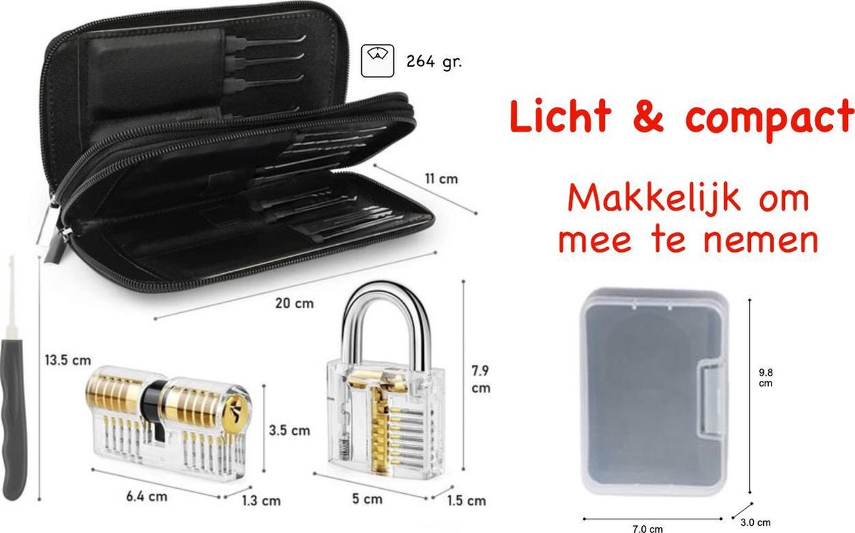 34 delige lockpick set voor beginners en gevorderden met 2x oefenslot een opberghoes en opberg doosjes - lockpicking set - survival kit - gereedschapset - vaderdag cadeau - doorzichtig slot transparant — cadeau in Hobby - foto 7