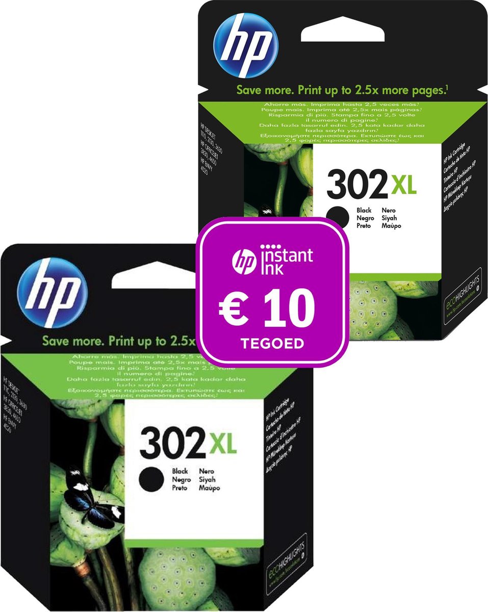 HP 302 2x Inktcartridge 302XL Zwart + Instant Ink tegoed