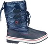 Marineblauwe winterlaars met glanzende schacht, veters, gespen en roze stiksels. Met Canadese esdoornblad logo.