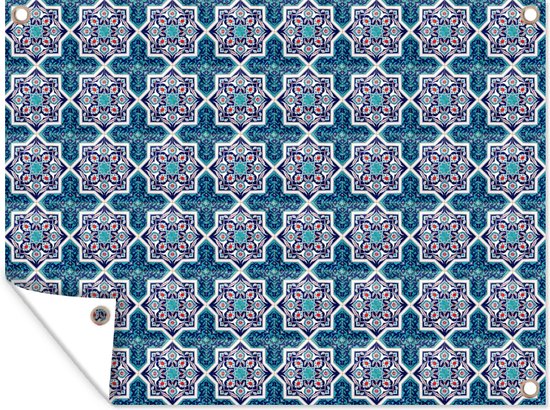 Tuinschilderij Een Marokkaanse Mozaïek tegelpatroon waar de kleur blauw vooral is gebruikt - 80x60 cm - Tuinposter - Tuindoek - Buitenposter