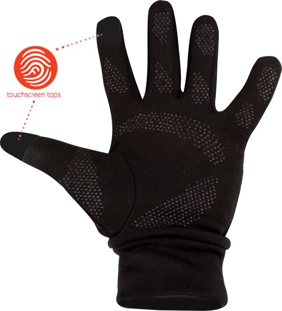 Zwarte sporthandschoen met touchscreen compatibele vingertoppen en een grijze antislipprint op de palm en vingers.