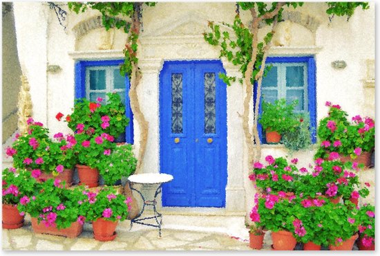 Graphic Message Schilderij op Canvas Grieks Huis met Bloemen - Blauw