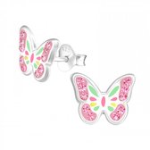 Oorbellen meisje zilver | Zilveren oorstekers, gekleurde vlinder met roze kristallen