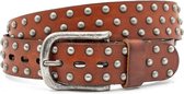 Dames riem cognac met zilveren studs 4 cm breed - Cognac - Jeans riem - Echt Leer - Taille: 90cm - Totale lengte riem: 105cm