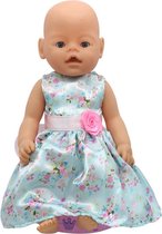 Dolldreams - Poppenkleding geschikt voor o.a. Baby Born pop - Turquoise jurk met bloemen en roze roosje