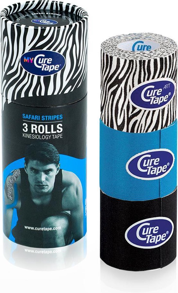 My CureTape® Safari Stripes, koker met 3 rollen - Zebra, zwart en blauw - Kinesiotape - FysioTape - CureTape