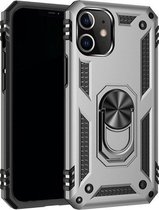 Apple iPhone 12 mini Stevige Magnetische Anti shock ring back cover case- schokbestendig-TPU met stand Zilver + gratis screenprotector