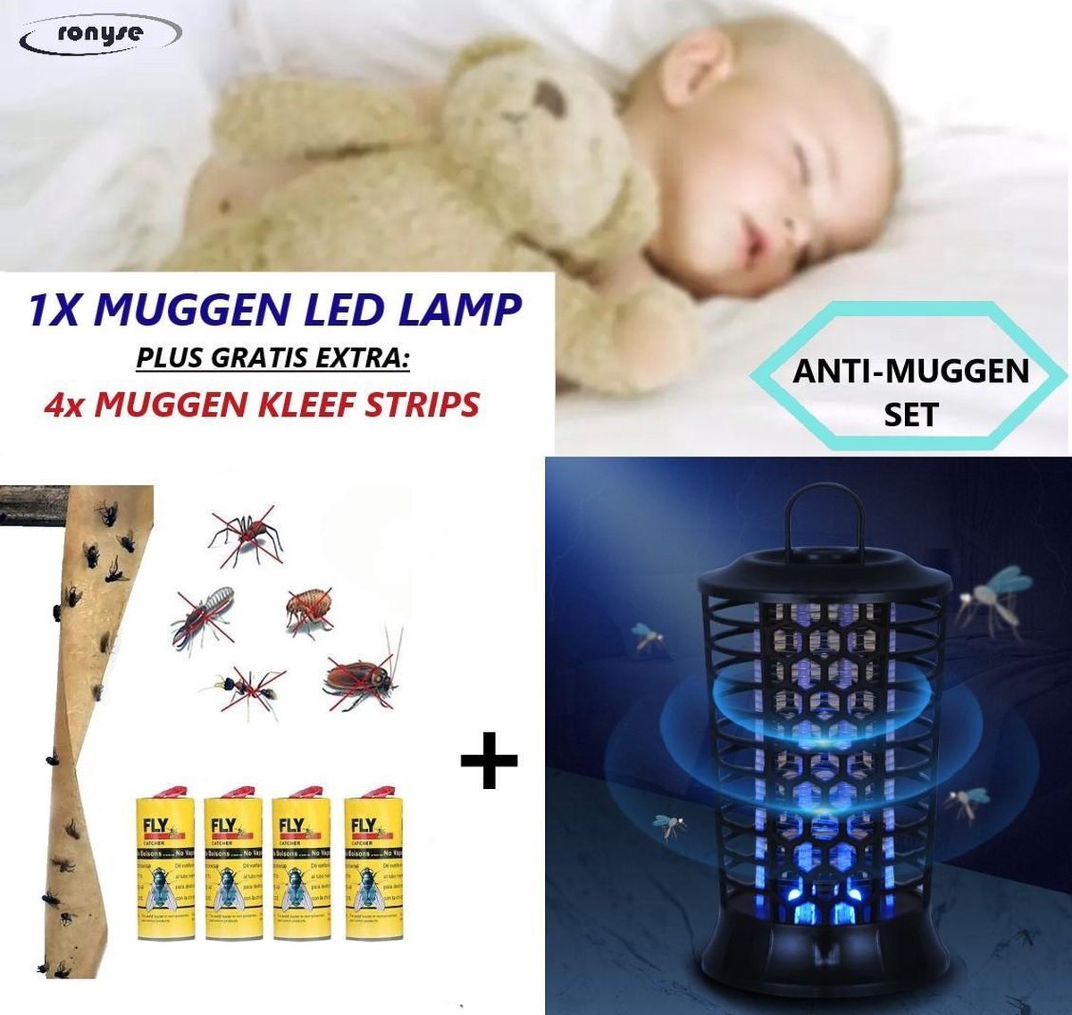 Ronyse® - Elektrische UV Muggenlamp plus 4x Muggen kleef strips - Muggen  Led lamp -... | bol.com