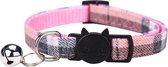 Grannies - kattenhalsband Theo - kattenbandje met bel - halsband kat of hond - belletje - veiligheidssluiting - soft touch - geruit - roze