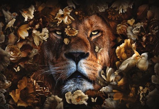 Glasschilderij - leeuw en bloemen - 160x110 cm - Wanddecoratie