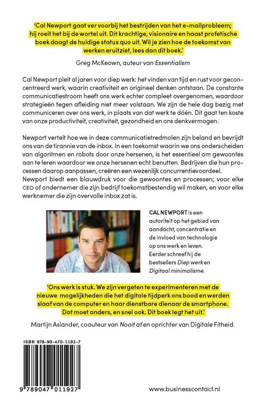 Achterkant boek 'Bevrijd!' met Cal Newport op de voorkant. Tekst van Martijn Aslander en Greg McKeown. ISBN.