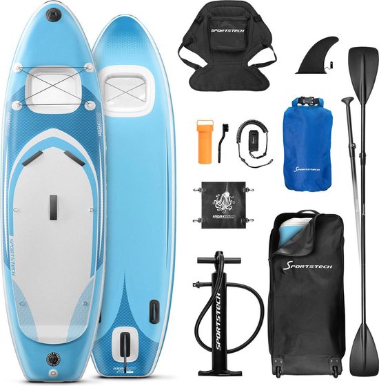 Premium 9in1 SUP board set + 2in1-kijkvenster + Kajakzitje | Standup paddleboard opblaasbaar | 6 inch dik | action cam holder | Watersport stand-up paddling | Sportstech WBX300/320 | Surfplank