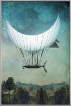 JUNIQE - Poster met kunststof lijst The Moon Ship -13x18 /Blauw &