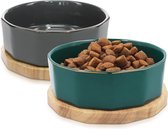 Bol de nourriture Navaris pour chats et chiens - 800 ml - Set de 2 bols à eau ou à nourriture - Bol à nourriture en céramique - Avec sous-verre en bois - Grijs/ Petrol