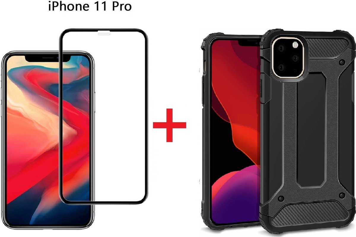 Hoesje Geschikt voor iPhone 11 Pro Screen Protecter Zwart + Armor Hoesje